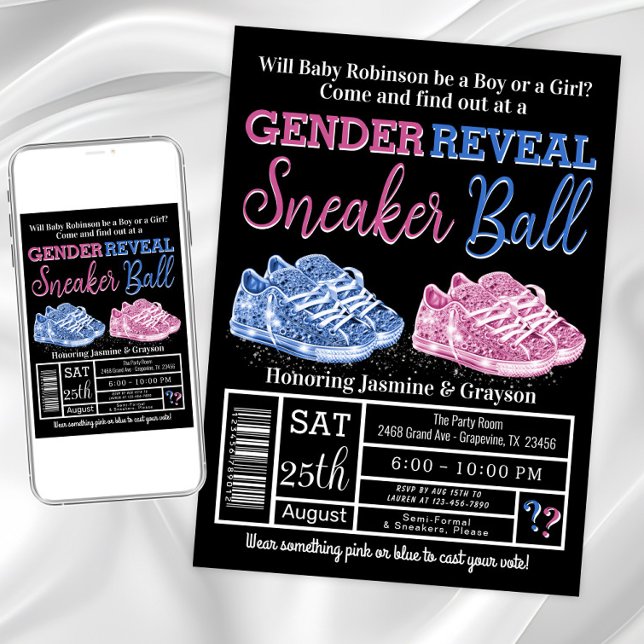 Sneaker Boll Gender Reveal Inbjudningar (Sneaker ball gender reveal invitations. Instant download and printed invitations available.)