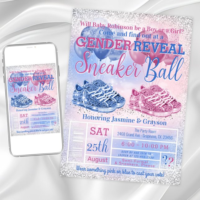 Sneaker Boll Könsuppenbarelse Babykalas Inbjudningar (Sneaker ball gender reveal invitation. Instant download and printed invitations available.)