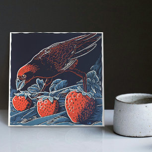 Sneaky Amsel's Strawberry Heist - Whimsical Kakelplatta