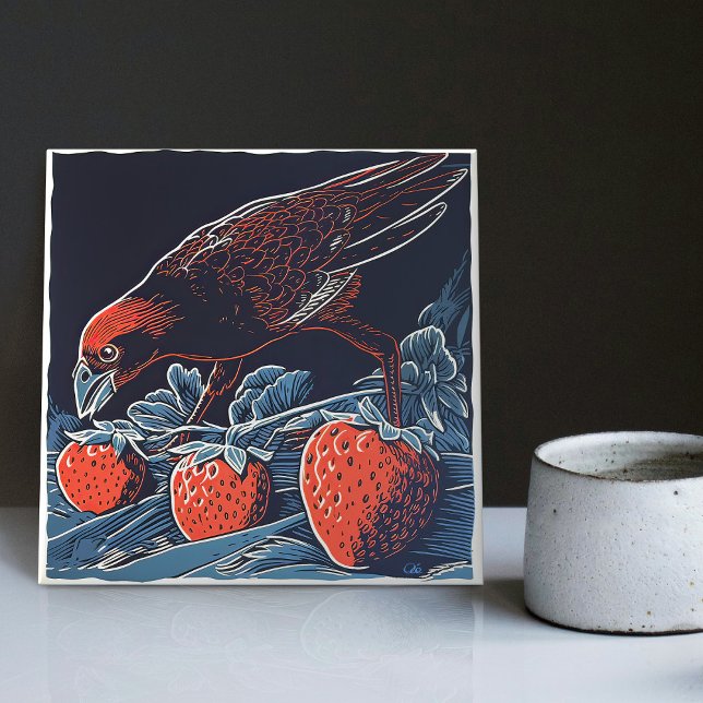 Sneaky Amsel's Strawberry Heist - Whimsical Kakelplatta (Skapare uppladdad)