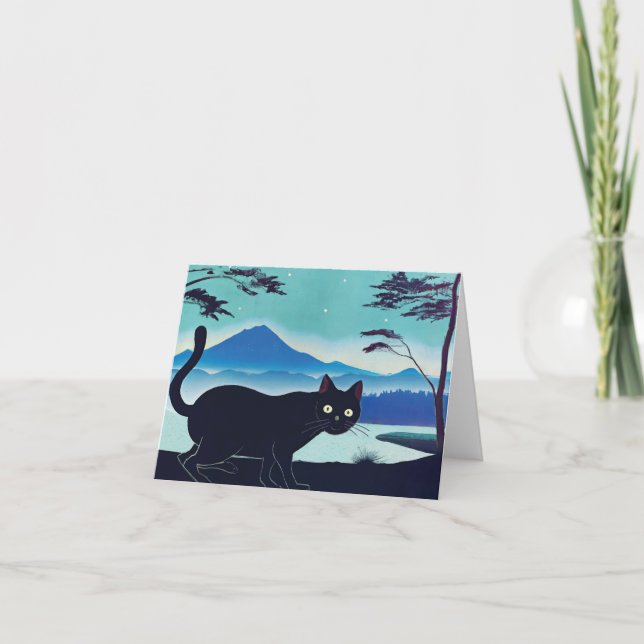 Sneaky black cat by a sjö hälsning card kort (Framsida)