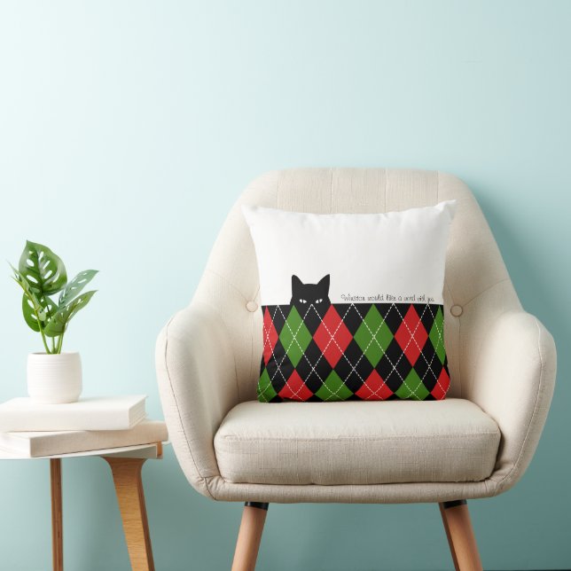 Sneaky Cat Argyle Red Grönt Black Kudde (Stol)