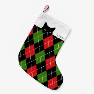 Sneaky Cat Argyle Röd Grön Svart Liten Julstrumpa