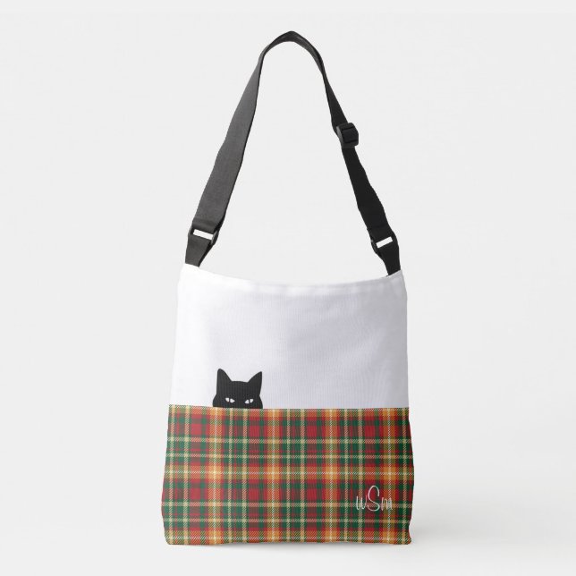 Sneaky Cat Tartan Orange Grönt Play Crossbody Bag Axelväska (Framsida)