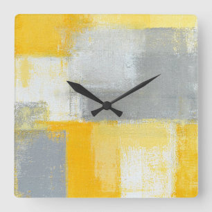 "Sneaky" Grått och Gult Abstrakt Art Clock Fyrkantig Klocka