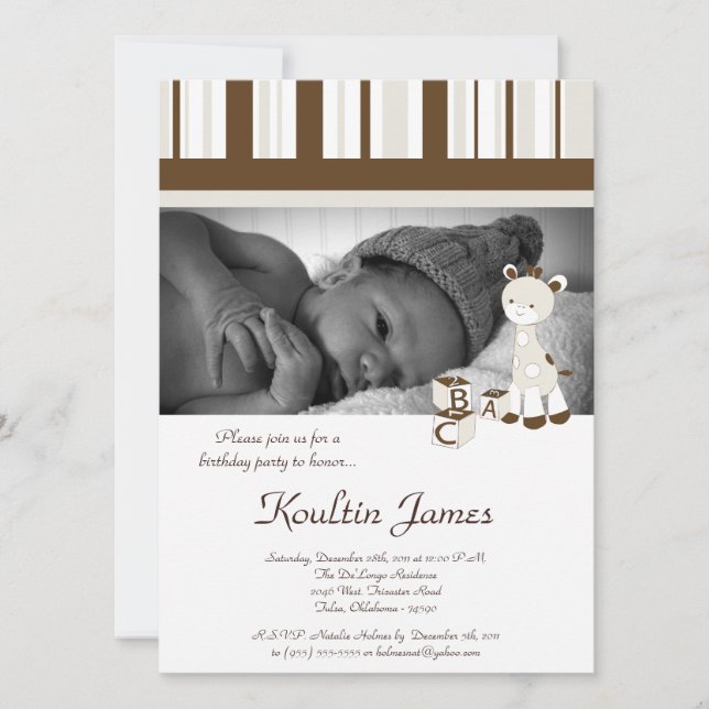 Snicker Doodle Giraffe Grått Birthday bjudande Inbjudningar (Framsida)