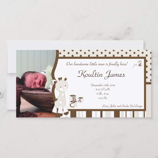 Snicker Doodle Giraffe Photo Birth Notice Meddelande (Framsida)