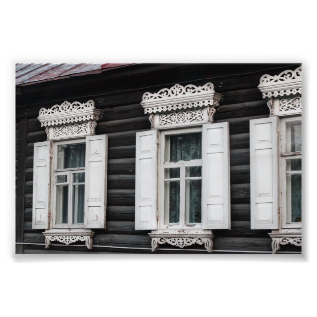 Snidade Fönsterramar Gammal Stuga Arkitektur Fototryck (Framsidan)