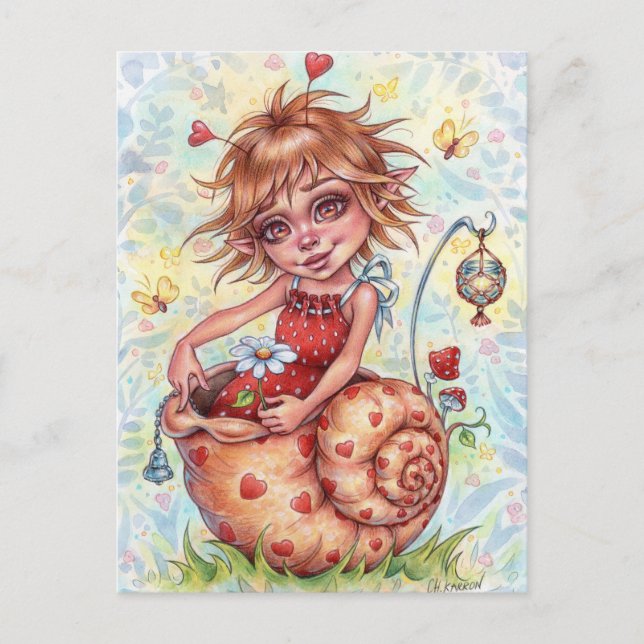 Snigel Elfling vycard Cute Fairy Hearts Fantasy Vykort (Framsida)