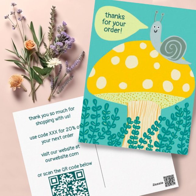 Snigel Magisk Svamp SPECIALBESTÄLLNING Tack QR Vykort (Custom QR Code customer appreciation postcard for including with orders. Snail and magic mushroom!)