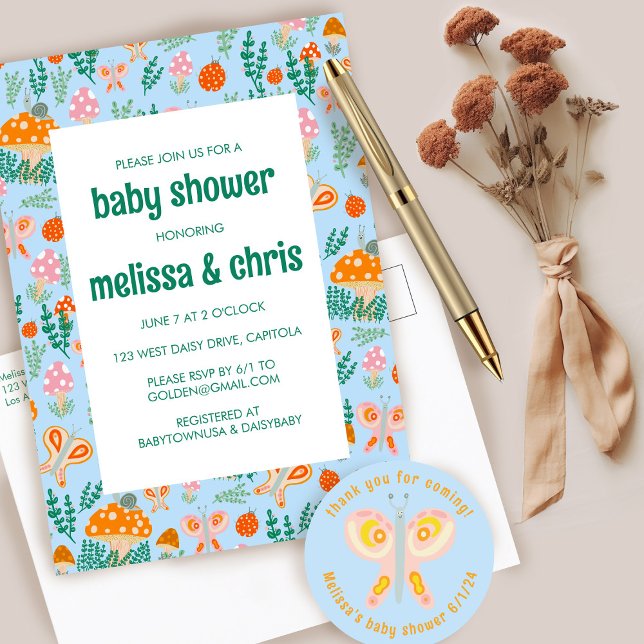 Snigel Mushroom Butterfly Cute ANPASSNINGSBAR BABY Inbjudan Vykort (Snail Mushroom Butterfly Cute CUSTOM BABY SHOWER Invitation Postcard
)
