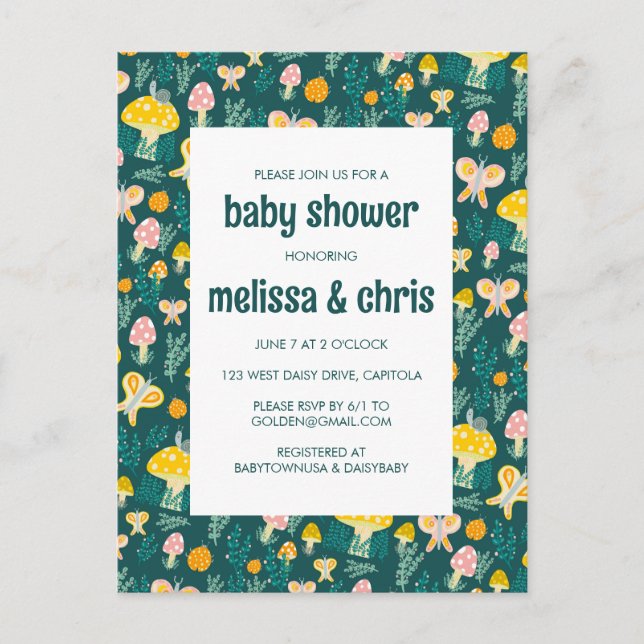 Snigel Mushroom Butterfly Cute ANPASSNINGSBAR BABY Inbjudan Vykort (Framsida)