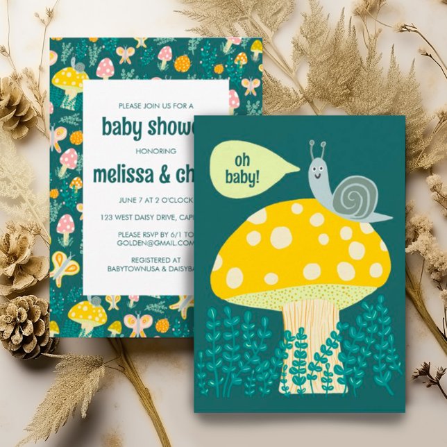 Snigel Mushroom Cute Adsible ANPASSNINGSBAR BABY S Inbjudningar (Cute snail, mushroom, ladybug and butterfly colorful custom baby shower invitation. Gender neutral)
