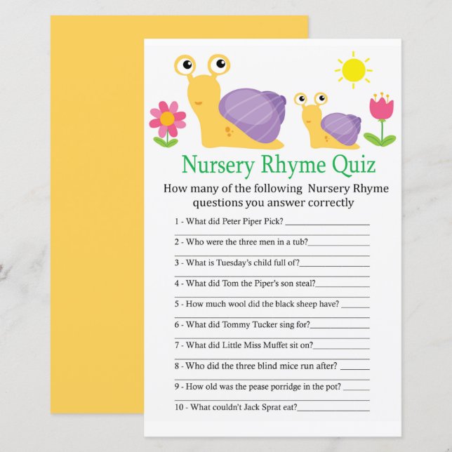 Snigel Nursery Rhyme Quiz babyduschspel (Fram/baksida)