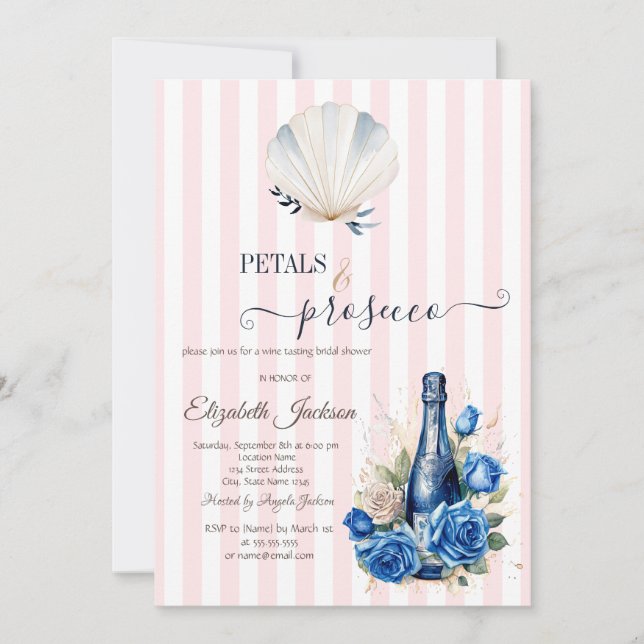 Snigelskal Blommor & Prosecco Rosa-randig Inbjudningar (Framsida)