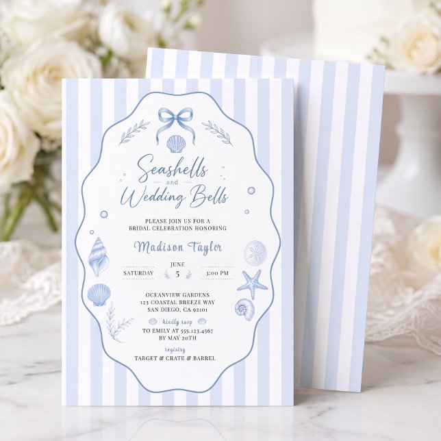 Snigelskal Bröllopsdusch Blå Randig Slinga Inbjudningar (Seashell Bridal Shower Blue Striped Bow Invitation)