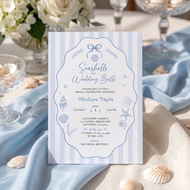 Snigelskal Bröllopsdusch Blårandig Slinga Inbjudningar (Seashell Bridal Shower Blue Striped Bow Invitation)