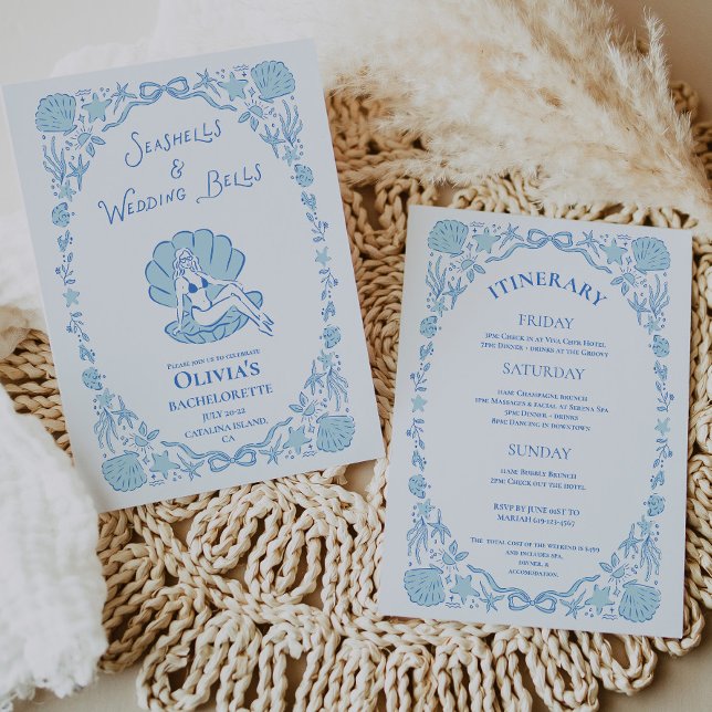Snigelskal Bröllopsklockor Nyckfull Sängkammarblå Inbjudningar (Seashells Wedding Bells Whimsical Bachelorette Blue Invitation)