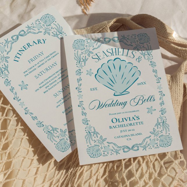 Snigelskal & Bröllopsklockor Systerfest Inbjudningar (Seashells & Wedding Bells Bachelorette Invitation)