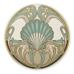 Snigelskal Grön Kräm & Guld Art Deco Nouveau Skal Knopp