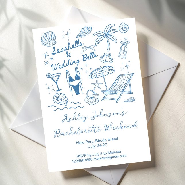 Snigelskal och bröllopsklockor Sängvätning weekend Inbjudningar (Seashells and wedding bells Bachelorette weekend party itinerary Invitation cards template)