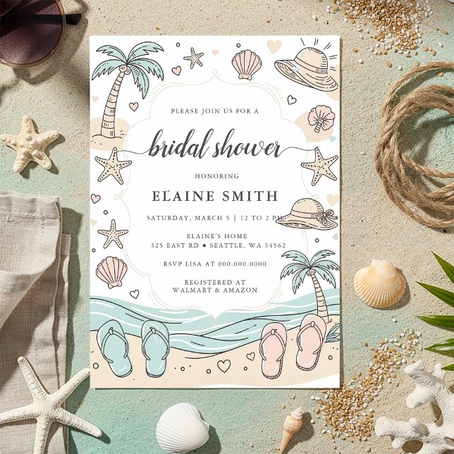 Snigelskal och bröllopsklockor Strand Bröllopsdusc Inbjudningar (Seashells and Wedding Bells Beach Bridal Shower Invitation)