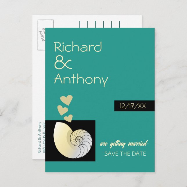 Snigelskal och hjärtan, strandbröllop Spara datume Meddelande Vykort (Fram/baksida)