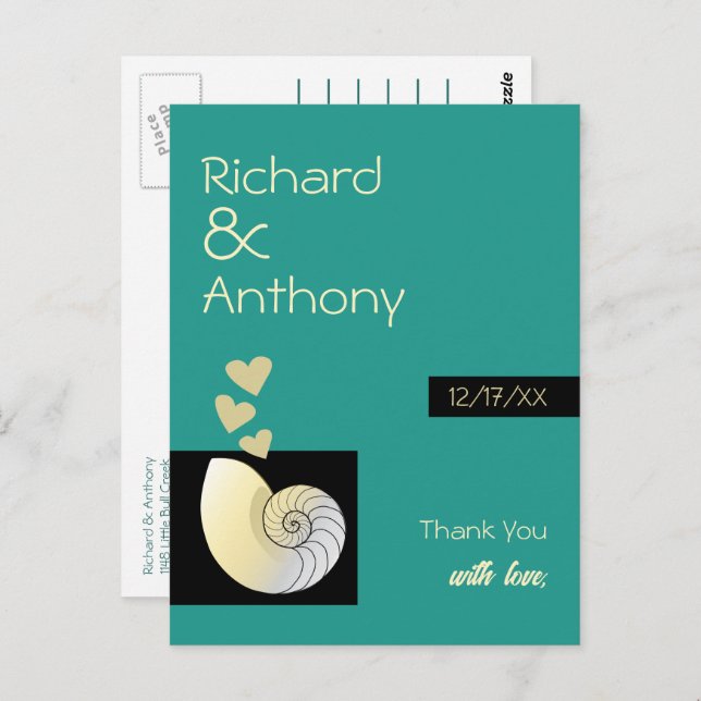 Snigelskal och Hjärtan, Strandbröllop Tack Vykort (Fram/baksida)