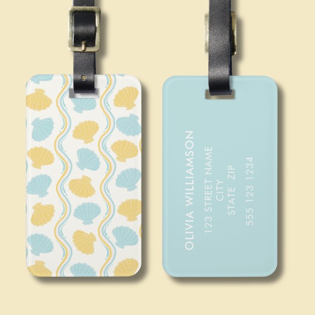 Snigelskal och strandvågor sommar bagagebricka (Seashells and ocean waves luggage tag)