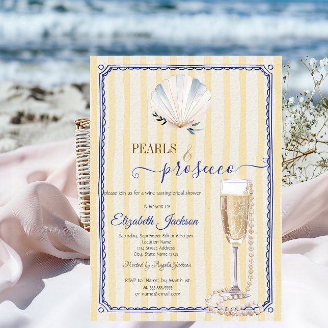 Snigelskal Pärlor & Prosecco Gula Ränder Inbjudningar (Skapare uppladdad)