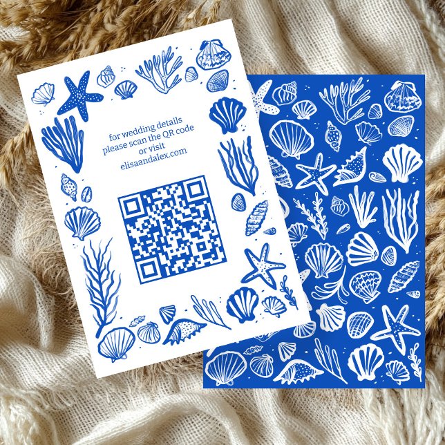Snigelskal Ram Bröllop ANPASSAD QR-kod Tilläggskort (Seashells Frame Beach Wedding CUSTOM QR Code Enclosure Card
)