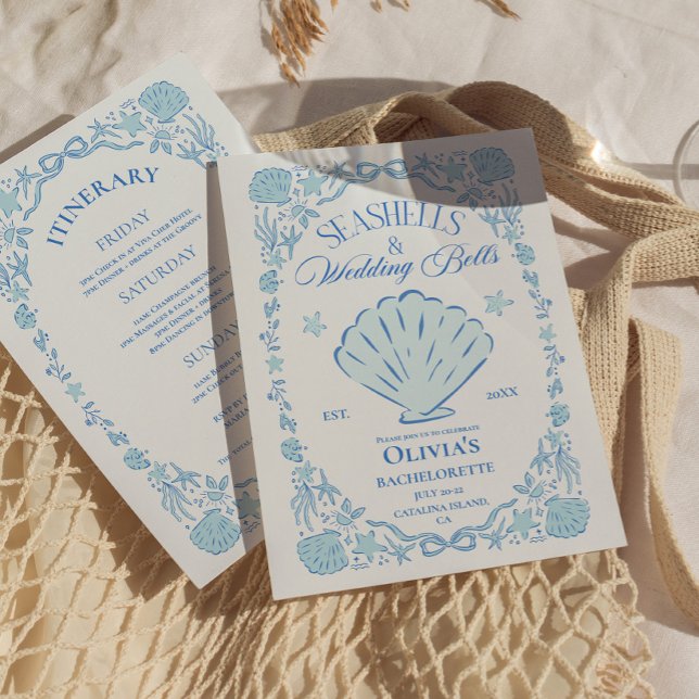 Sniglar Bröllopsklockor Sängkammarblå Inbjudningar (Seashells Wedding Bells Bachelorette Blue Invitation)