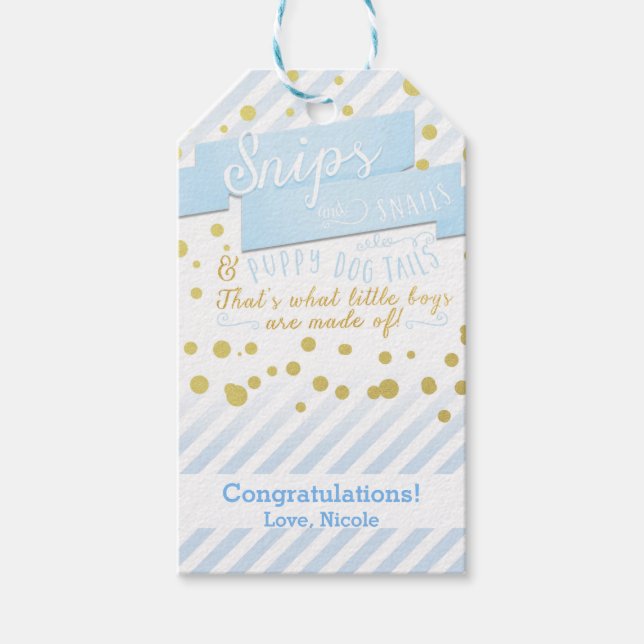 Snips & Snails Blå & Guld Baby Shower Presentetike Presentetikett (Framsidan)