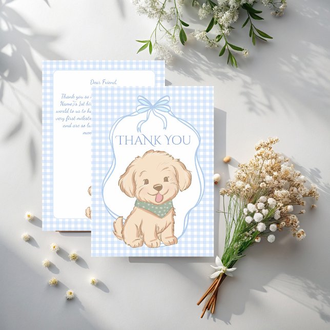 Snips, Snails och valpsvansar vintagefest Tack Kort (Snips, Snails, and Puppy Dog Tails blue gingham vintage boys dog party Thank You Cards)
