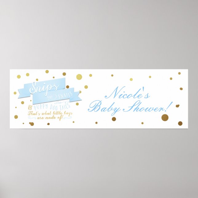 Snips & Snigel Boys Blue & Guld Baby Shower Banner Poster (Framsidan)