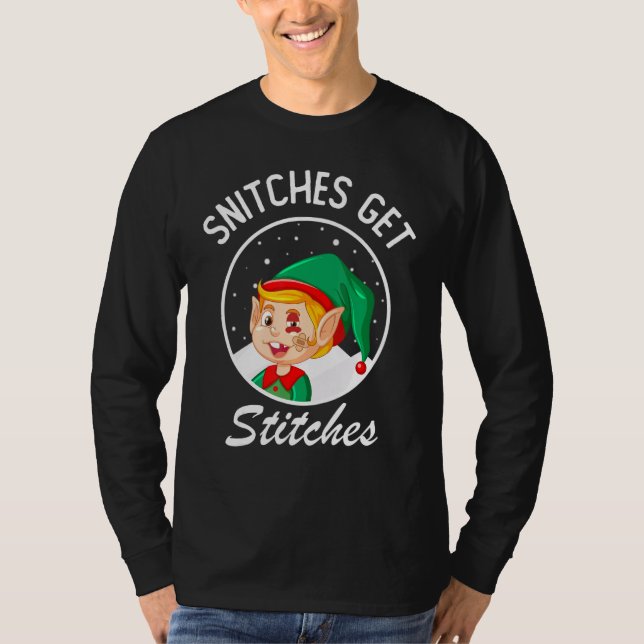 Snitches Get Stitches Elf On Shelf Kids T Shirt (Framsida)