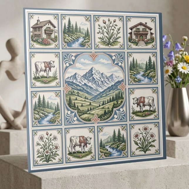 Snö Alpin Rullande Ängar Kor Rustik Stug Konst Kakelplatta (Snow Alpine Rolling Meadows Cows Rustic Chalet Art Ceramic Tile)