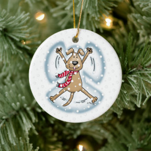Snö Angel Hund Roligt Cute jul Helgdag Funny Julgransprydnad Keramik