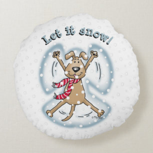 Snö Angel Hund Roligt Cute jul Helgdag Funny Rund Kudde