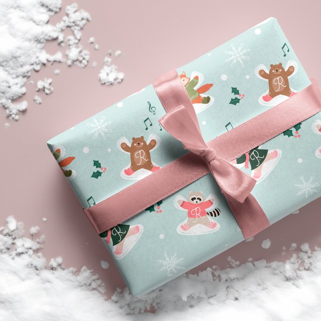 Snö Angel Woodland Forest Animals Monogram Presentpapper (Snow Angel Woodland Forest Animals Monogram Wrapping Paper)