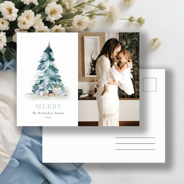 Snö Aquarell Tall Julgran Present Foto Helg Vykort (Skapare uppladdad)