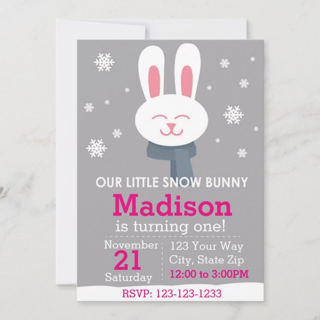 Snö Bunny Birthday Inbjudan (rosa) (Framsida)