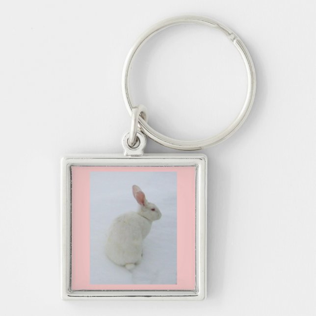 Snö Bunny Fyrkantig Silverfärgad Nyckelring (Framsidan)