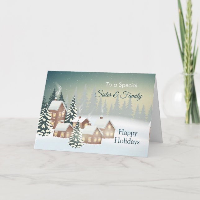 Snö Covered Village Träd Sister & hennes familj Helgkort (Framsida)