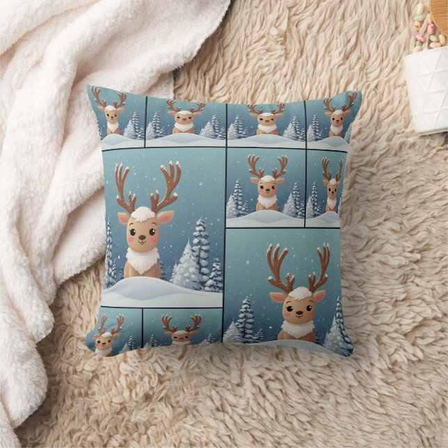 Snö Elk Cute Kawaii Brown Mönster Kudde (Filt)