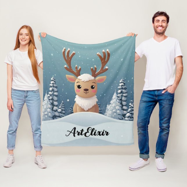 Snö Elk Cute Kawaii Brown Skriv ut Fleecefilt (På plats)