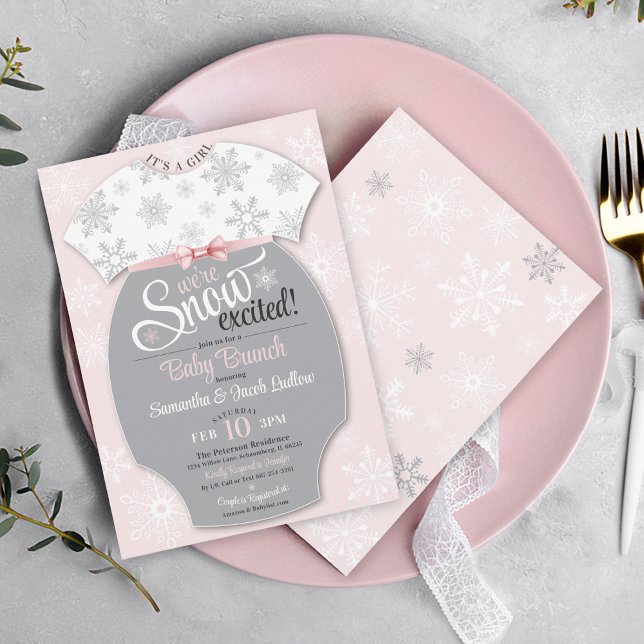 Snö Exciterade Baby Brunch Rosa Snowflake sin A Gi Inbjudningar (It's A Girl, We're SNOW Excited pink & gray baby bodysuit winter snowflake Baby Brunch invitation)