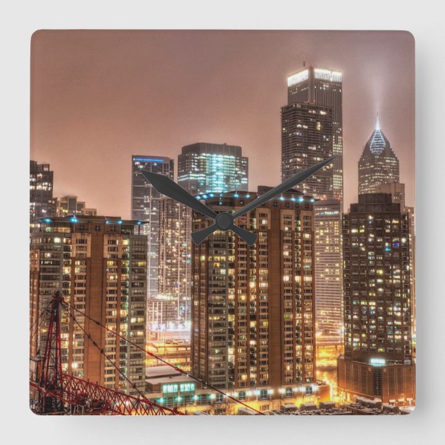Snö faller över skylinkväll i Chicago Fyrkantig Klocka (Framsida)