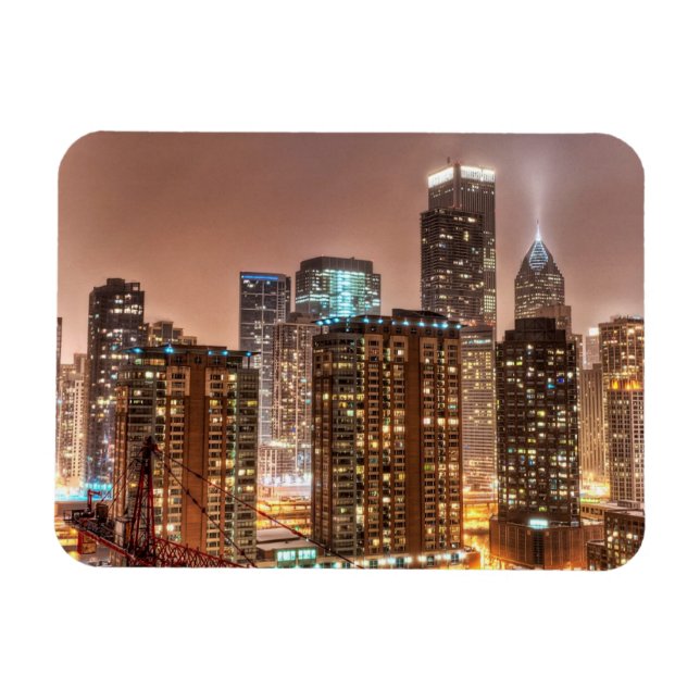 Snö faller över skylinkväll i Chicago Magnet (Horisontell)