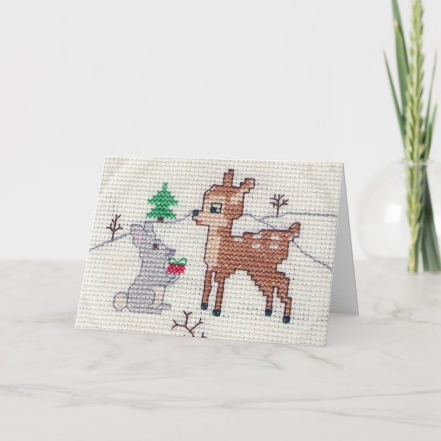 Snö Fawn och Bunny Kor Stitch Helgkort (Framsida)
